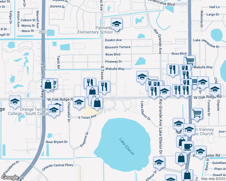 map of restaurants, bars, coffee shops, grocery stores, and more near 2173 West Oak Ridge Road in Orlando