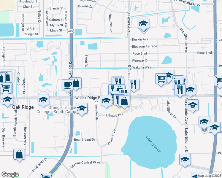 map of restaurants, bars, coffee shops, grocery stores, and more near 2533 West Oak Ridge Road in Orlando