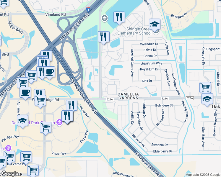 map of restaurants, bars, coffee shops, grocery stores, and more near 5340 Millenia Boulevard in Orlando