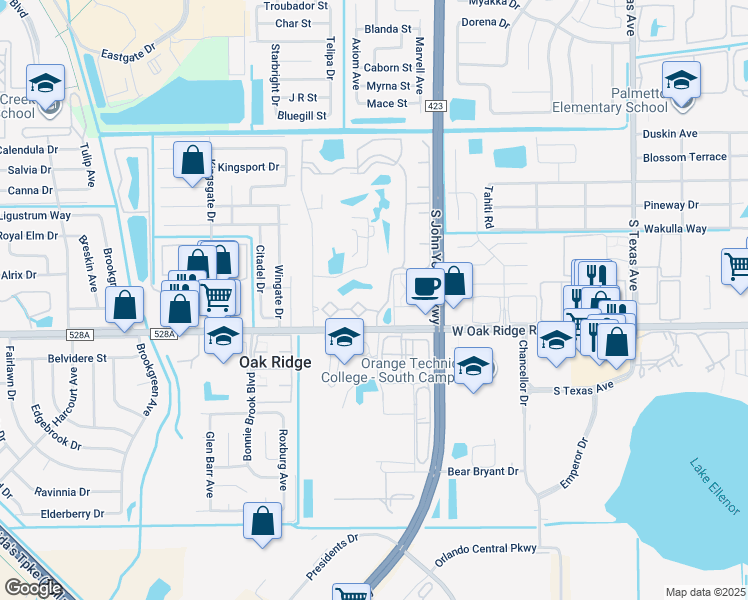 map of restaurants, bars, coffee shops, grocery stores, and more near 5826 Pga Boulevard in Orlando