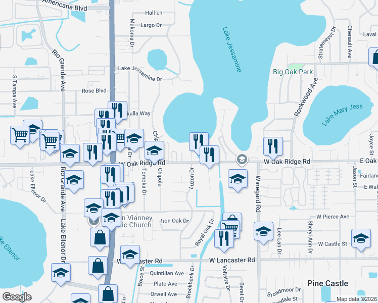 map of restaurants, bars, coffee shops, grocery stores, and more near 5820 Luzon Place in Orlando