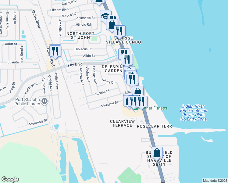 map of restaurants, bars, coffee shops, grocery stores, and more near 1180 Aron Street in Cocoa
