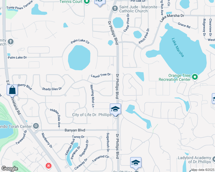 map of restaurants, bars, coffee shops, grocery stores, and more near 8032 Golden Glen Court in Orlando
