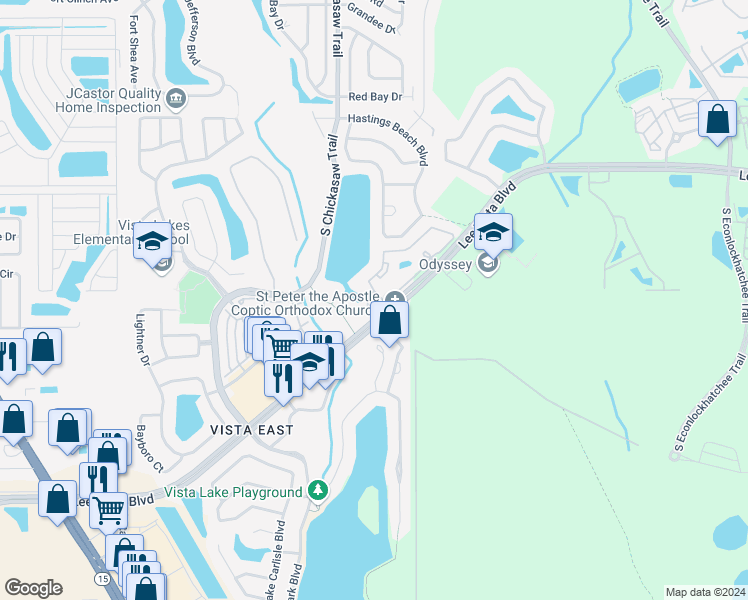 map of restaurants, bars, coffee shops, grocery stores, and more near 8973 Lee Vista Boulevard in Orlando