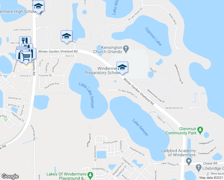 map of restaurants, bars, coffee shops, grocery stores, and more near 12816 South Lake Sawyer Lane in Windermere
