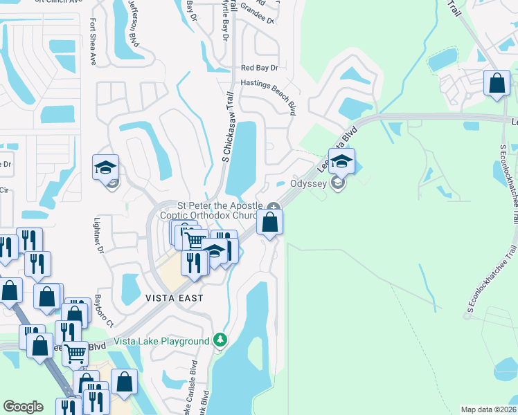 map of restaurants, bars, coffee shops, grocery stores, and more near 8951 Lee Vista Boulevard in Orlando