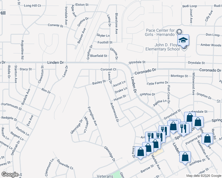 map of restaurants, bars, coffee shops, grocery stores, and more near 12300 Drake Lane in Spring Hill