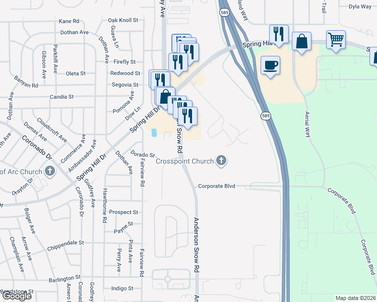 map of restaurants, bars, coffee shops, grocery stores, and more near 2465 Anderson Snow Road in Spring Hill