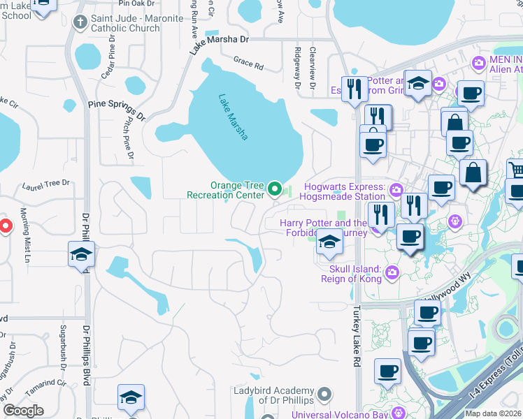 map of restaurants, bars, coffee shops, grocery stores, and more near 7450 Sparkling Lake Road in Orlando