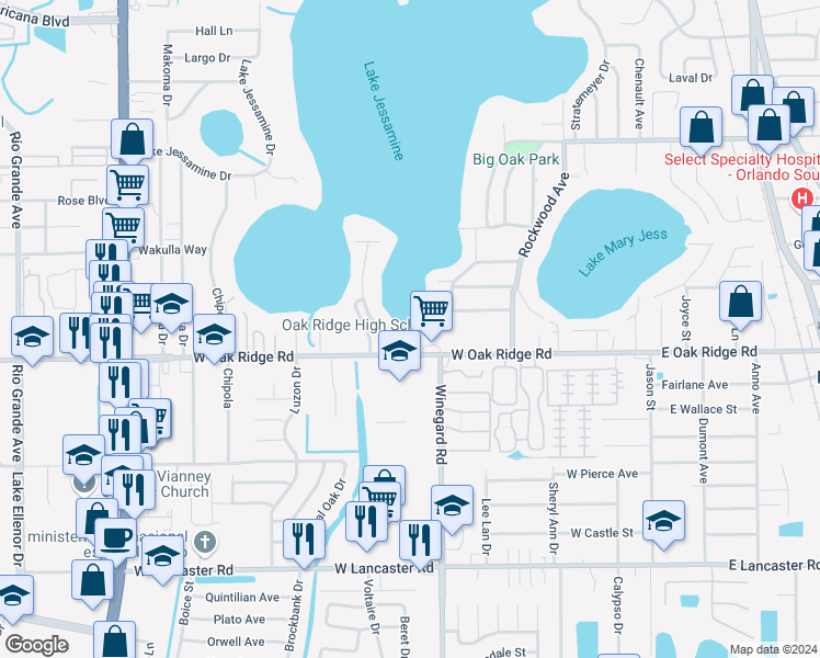 map of restaurants, bars, coffee shops, grocery stores, and more near 626 West Oak Ridge Road in Orlando