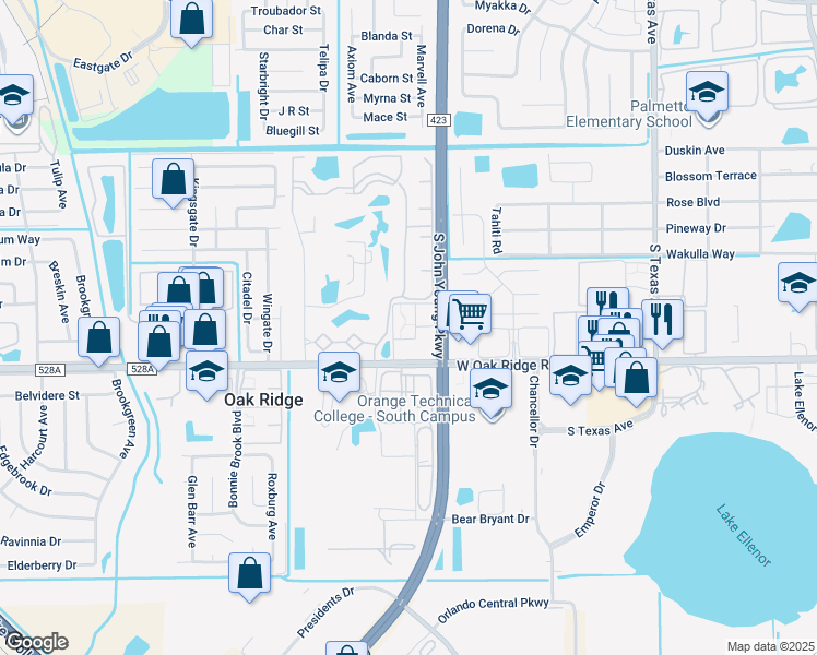 map of restaurants, bars, coffee shops, grocery stores, and more near 3009 West Oak Ridge Road in Orlando
