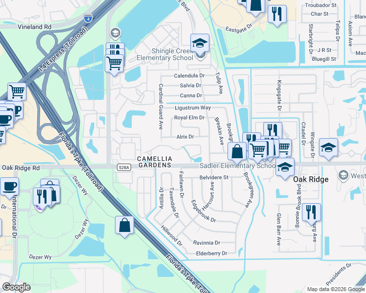 map of restaurants, bars, coffee shops, grocery stores, and more near 4651 West Oak Ridge Road in Orlando