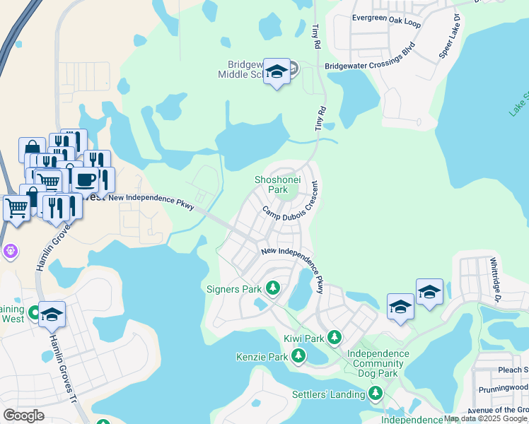 map of restaurants, bars, coffee shops, grocery stores, and more near 15606 Camp Dubois Crescent in Winter Garden