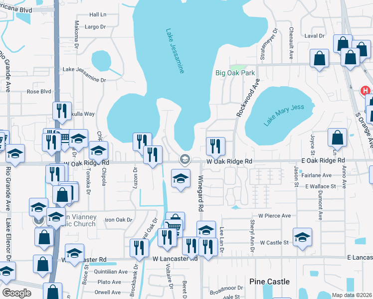 map of restaurants, bars, coffee shops, grocery stores, and more near 626 West Oak Ridge Road in Orlando