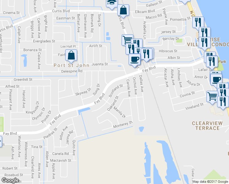 map of restaurants, bars, coffee shops, grocery stores, and more near 3955 Scotland Street in Cocoa