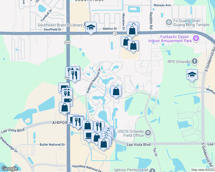 map of restaurants, bars, coffee shops, grocery stores, and more near 5901 Bent Pine Drive in Orlando