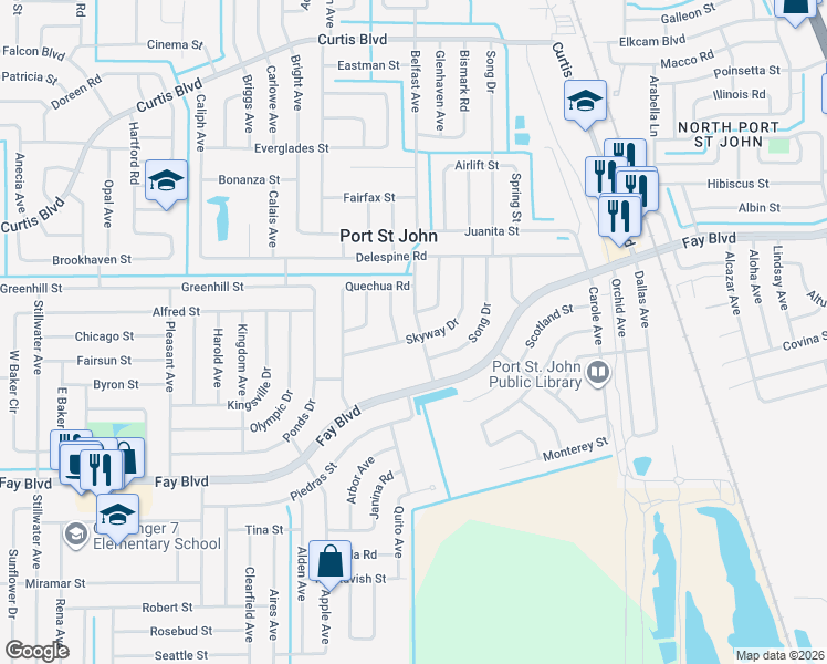 map of restaurants, bars, coffee shops, grocery stores, and more near 4200 Skyway Drive in Cocoa