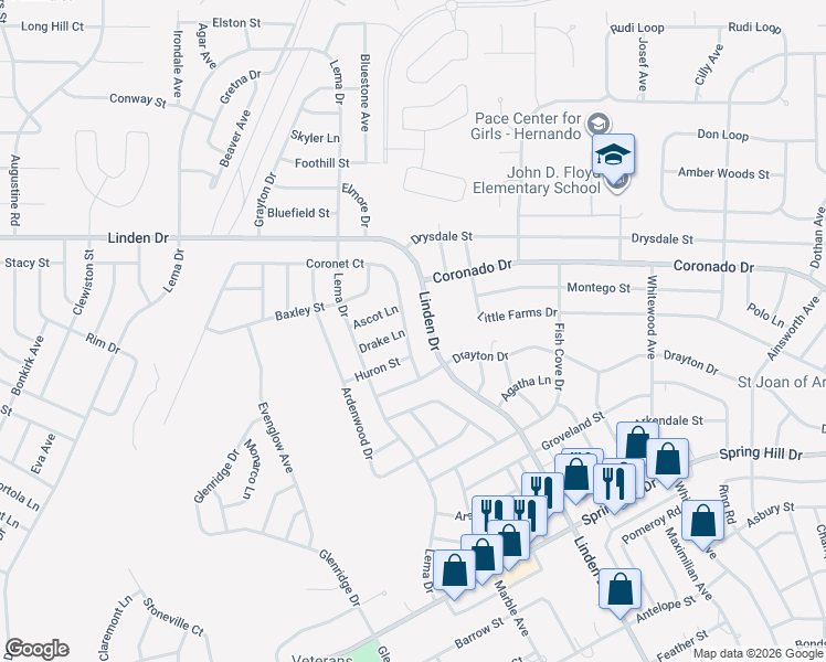 map of restaurants, bars, coffee shops, grocery stores, and more near 3371 Coronet Court in Spring Hill