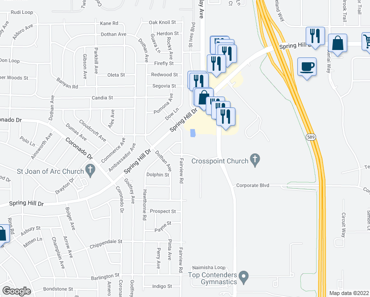 map of restaurants, bars, coffee shops, grocery stores, and more near 3008 Fairview Road in Spring Hill