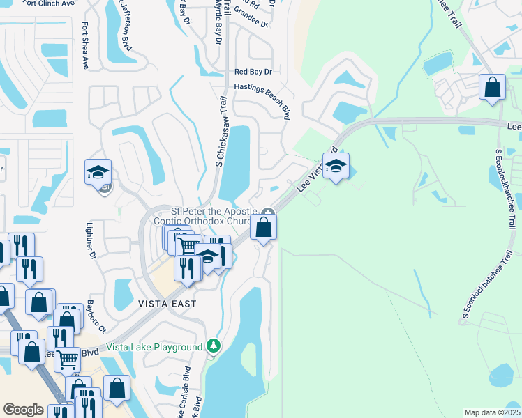 map of restaurants, bars, coffee shops, grocery stores, and more near 8951 Lee Vista Boulevard in Orlando