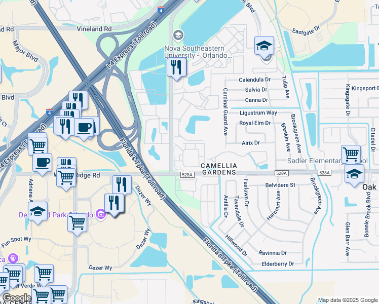 map of restaurants, bars, coffee shops, grocery stores, and more near 5340 Millenia Boulevard in Orlando