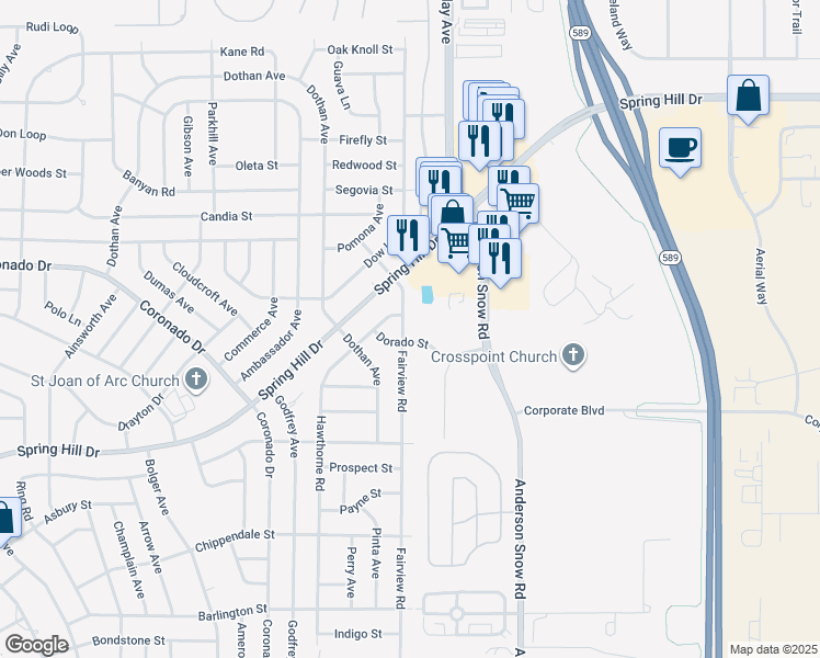map of restaurants, bars, coffee shops, grocery stores, and more near 3008 Fairview Road in Spring Hill