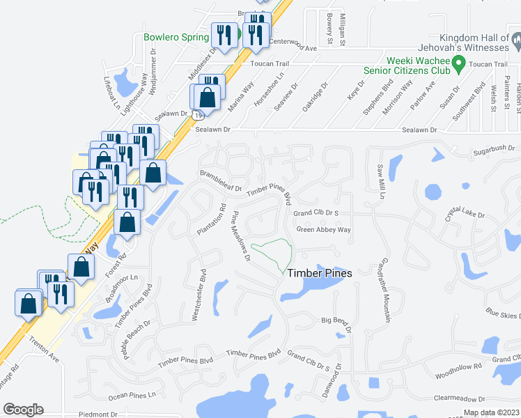 map of restaurants, bars, coffee shops, grocery stores, and more near 6449 Wedgewood Drive in Spring Hill