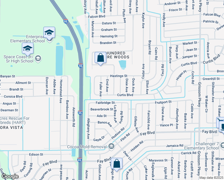 map of restaurants, bars, coffee shops, grocery stores, and more near 6603 Emil Avenue in Cocoa