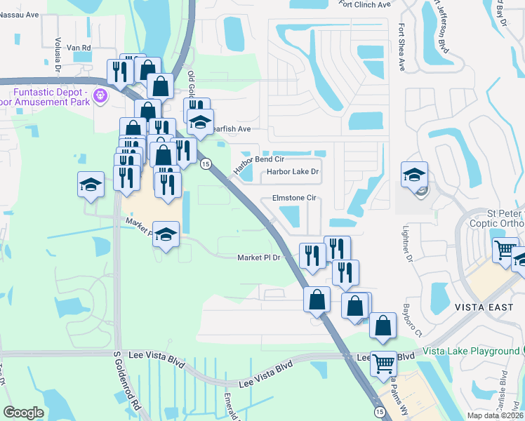 map of restaurants, bars, coffee shops, grocery stores, and more near 8050 Elmstone Circle in Orlando