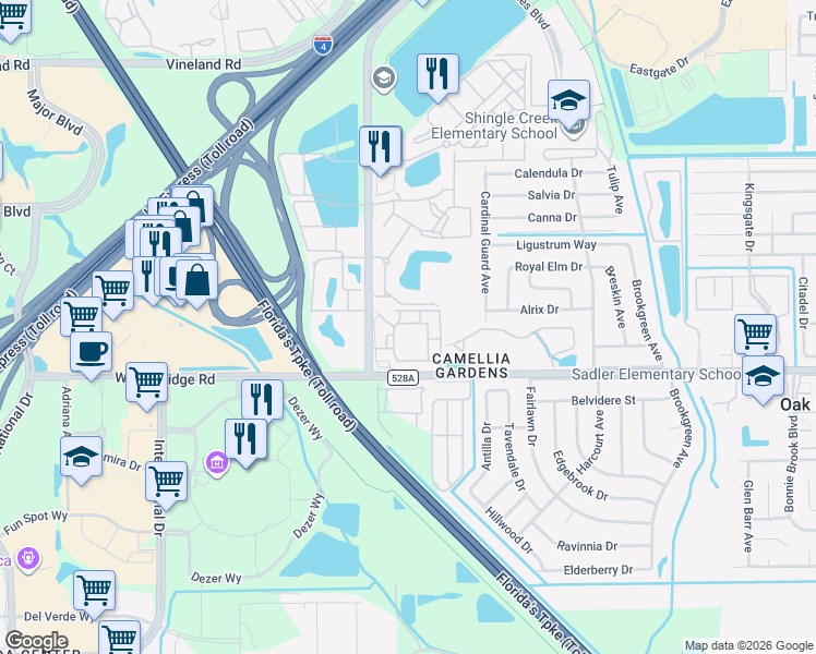 map of restaurants, bars, coffee shops, grocery stores, and more near 5262 Millenia Boulevard in Orlando