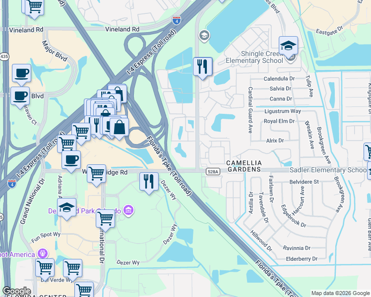 map of restaurants, bars, coffee shops, grocery stores, and more near 5225 Millenia Boulevard in Orlando