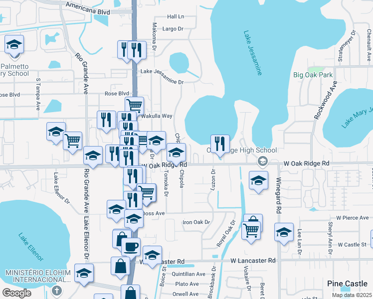 map of restaurants, bars, coffee shops, grocery stores, and more near 911 West Oak Ridge Road in Orlando