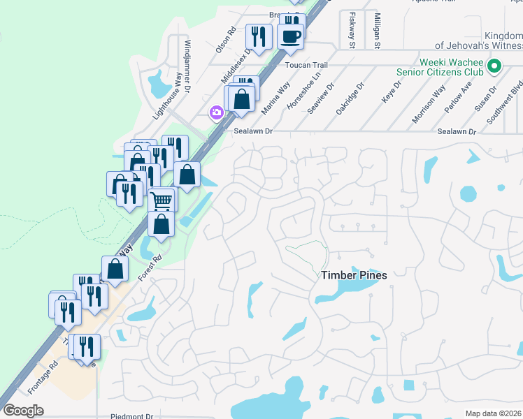 map of restaurants, bars, coffee shops, grocery stores, and more near 6414 Lost Tree Lane in Spring Hill