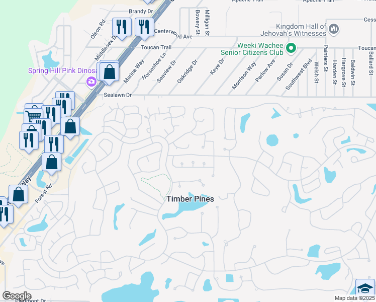 map of restaurants, bars, coffee shops, grocery stores, and more near 6814 Renown Way in Spring Hill