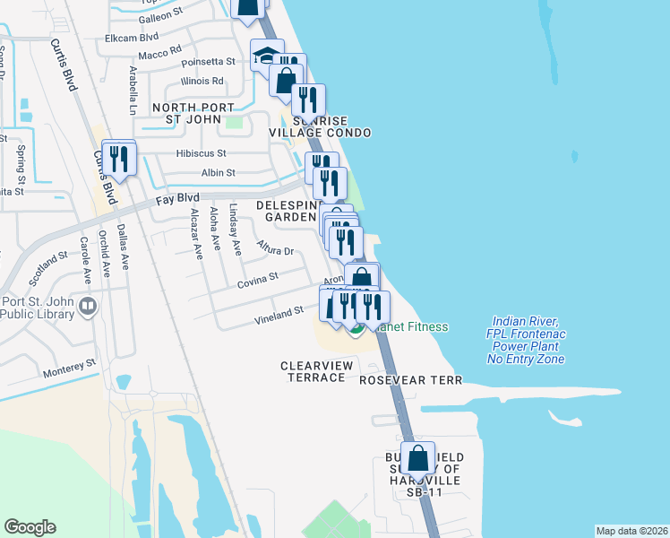 map of restaurants, bars, coffee shops, grocery stores, and more near 701 Amor Drive in Cocoa