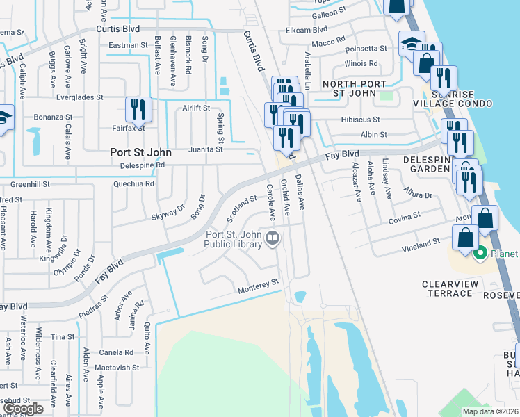 map of restaurants, bars, coffee shops, grocery stores, and more near 3855 Scotland Street in Cocoa