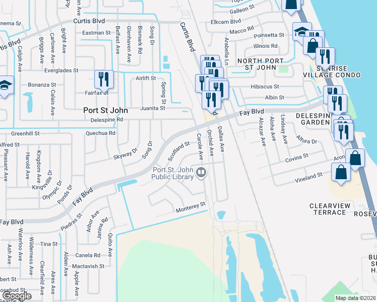 map of restaurants, bars, coffee shops, grocery stores, and more near 3855 Scotland Street in Cocoa
