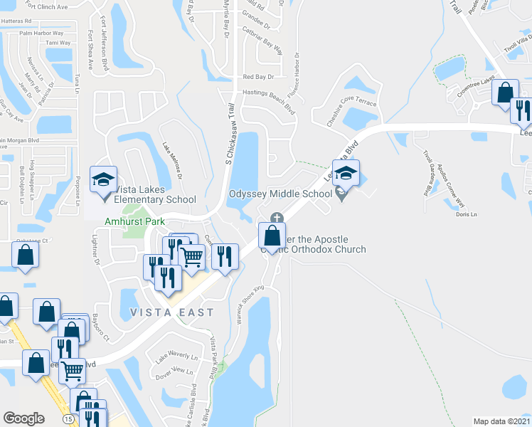 map of restaurants, bars, coffee shops, grocery stores, and more near 9013 Lee Vista Boulevard in Orlando