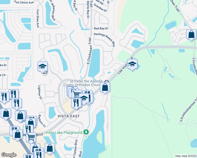 map of restaurants, bars, coffee shops, grocery stores, and more near 9013 Lee Vista Boulevard in Orlando