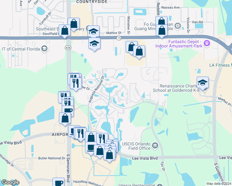 map of restaurants, bars, coffee shops, grocery stores, and more near 5945 Bent Pine Drive in Orlando