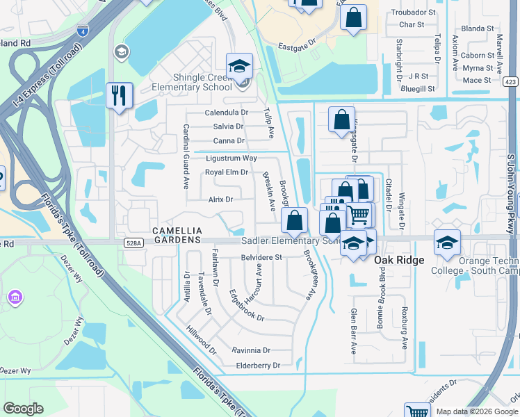 map of restaurants, bars, coffee shops, grocery stores, and more near 5732 Harcourt Avenue in Orlando