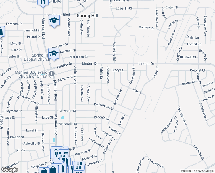 map of restaurants, bars, coffee shops, grocery stores, and more near 11261 Riddle Drive in Spring Hill
