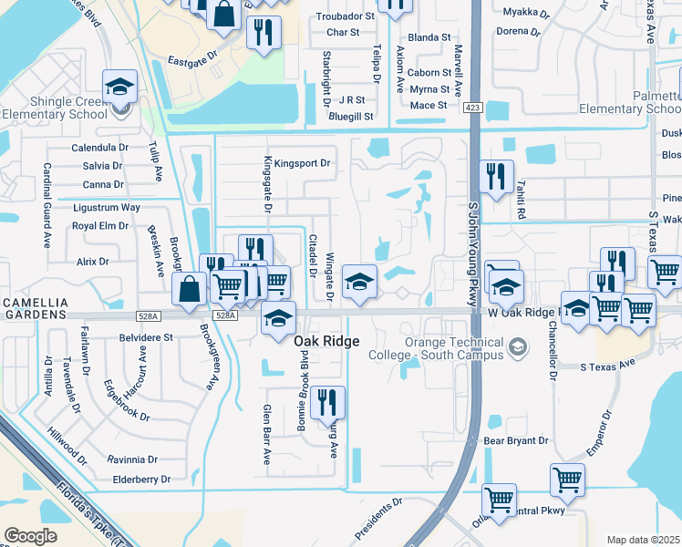 map of restaurants, bars, coffee shops, grocery stores, and more near Abbott Drive in Orlando