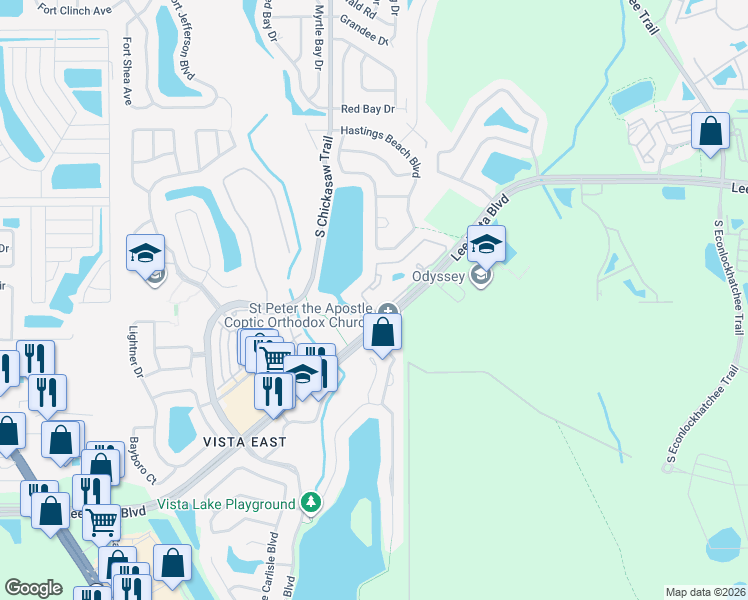 map of restaurants, bars, coffee shops, grocery stores, and more near 9013 Lee Vista Boulevard in Orlando
