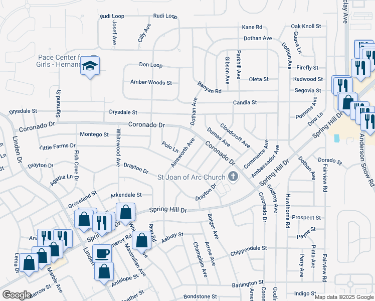map of restaurants, bars, coffee shops, grocery stores, and more near 3010 Ainsworth Avenue in Spring Hill