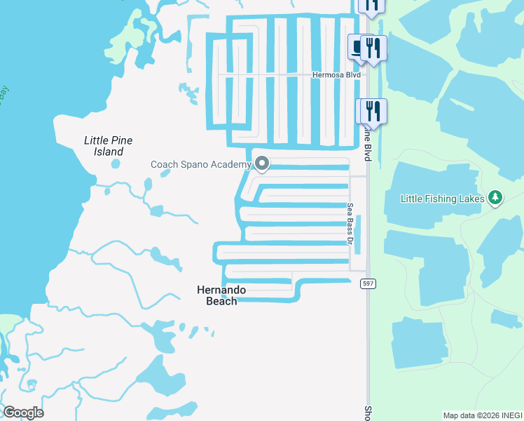 map of restaurants, bars, coffee shops, grocery stores, and more near 3346 Bluefish Drive in Hernando Beach