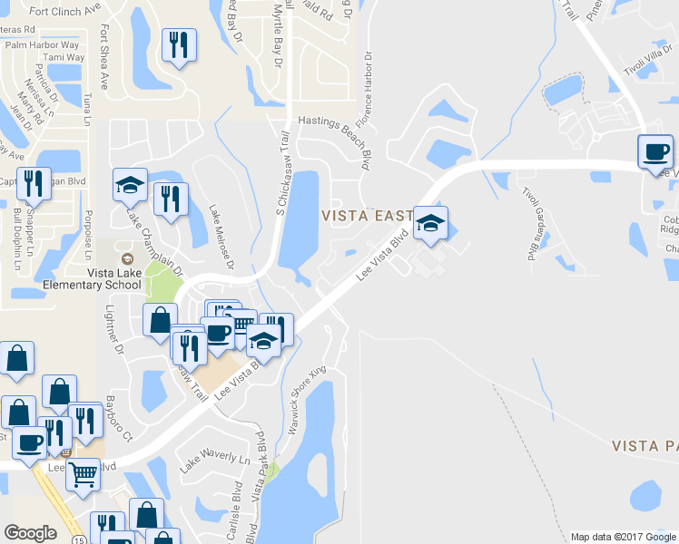 map of restaurants, bars, coffee shops, grocery stores, and more near 8909 Lee Vista Boulevard in Orlando