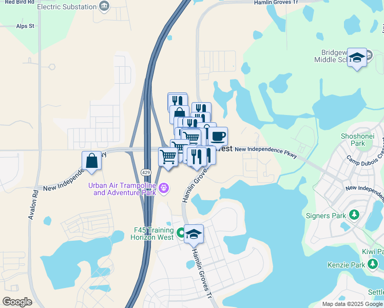 map of restaurants, bars, coffee shops, grocery stores, and more near 16412 New Independence Parkway in Winter Garden