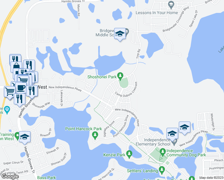 map of restaurants, bars, coffee shops, grocery stores, and more near 15624 Camp Dubois Crescent in Winter Garden