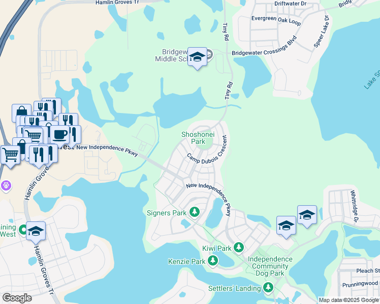 map of restaurants, bars, coffee shops, grocery stores, and more near 15613 Camp Dubois Crescent in Winter Garden